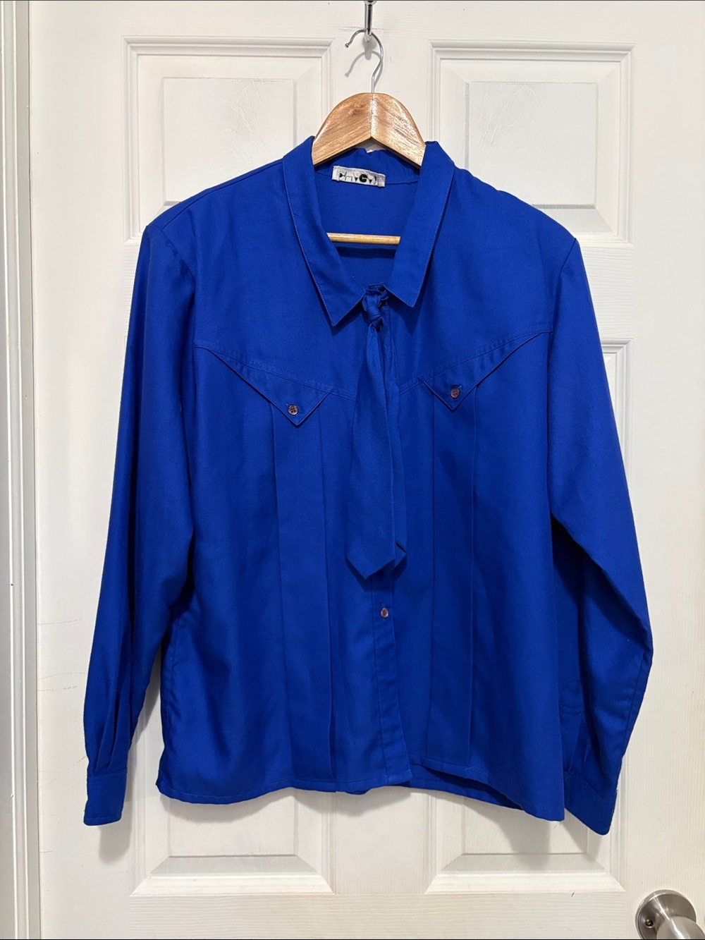 Vintage Chagall Royal Blue Long Sleeve Tie-Neck Blouse